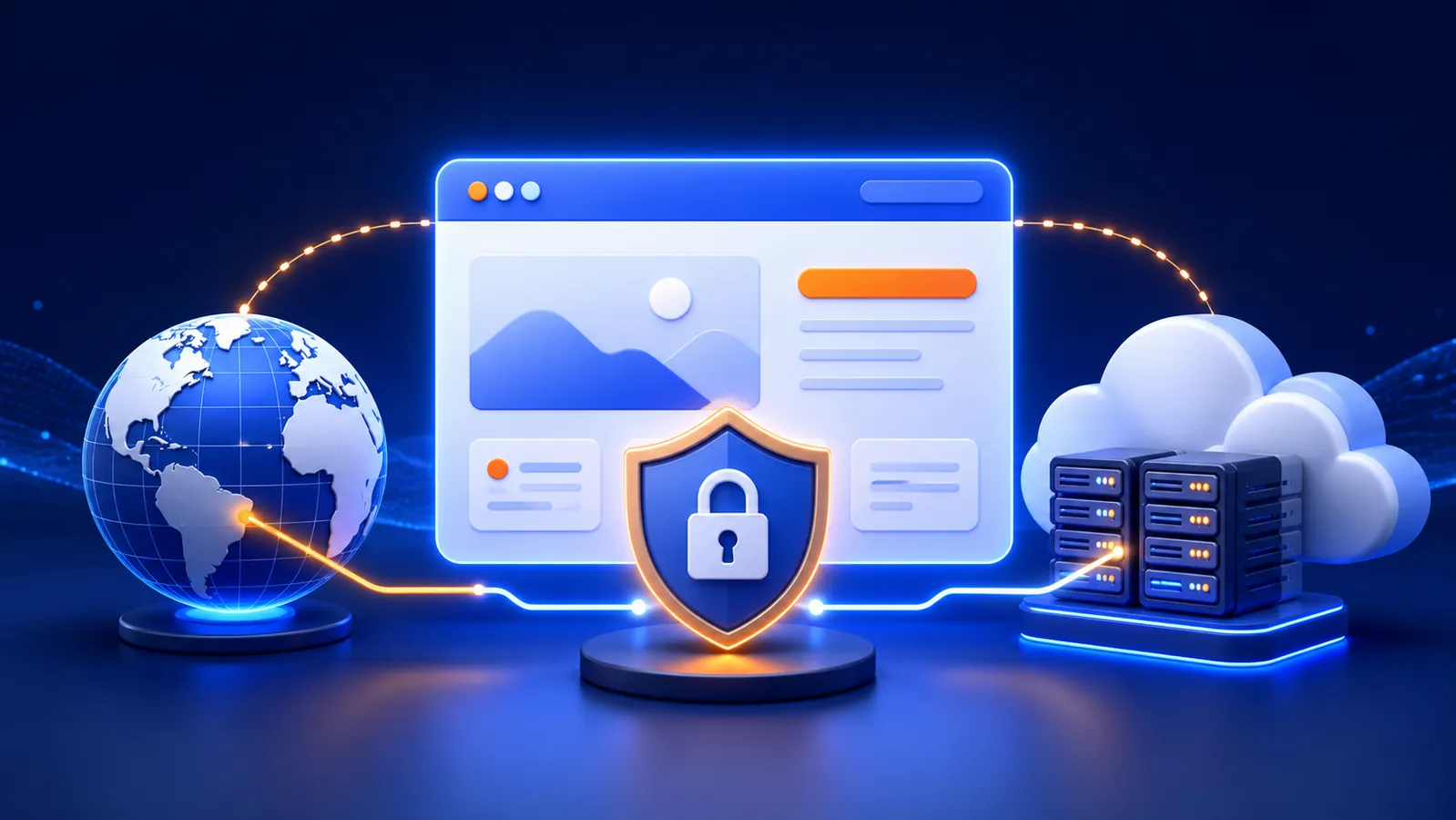 ডোমেইন, cloud hosting এবং SSL security-র সংযোগ দেখানো illustration